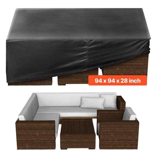 VEVOR Patio Housse pour Mobilier d'Extérieur, 94x94 Pouces, en Tissu Oxford 420D Noir, Illustrée Protégeant un Ensemble de sofa Sectionnel d'Extérieur. la Housse Est Imperméable, Résistante aux UV et aux Déchirures, avec Évents d'Aération Doubles pour la Circulation d'Air. Elle Comprend des Boucles et des Cordons de Serrage pour une Fixation Sécurisée, Offrant une protection Toute l'Année contre les Éléments Météorologiques.