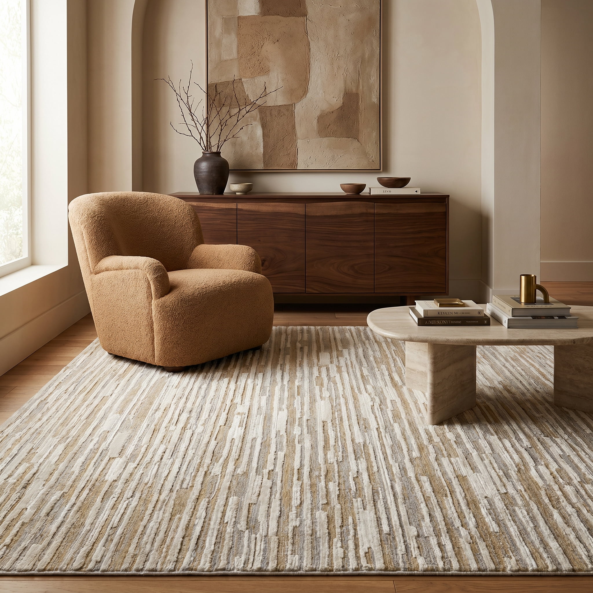 Tapis d'interieur abstrait Rug Branch Nomad, beige marron, moderne - Salon, chambre, salle a manger et cuisine