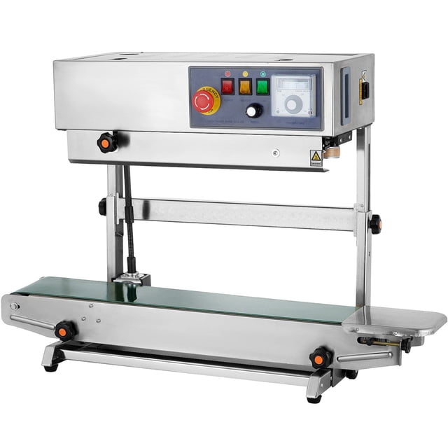 Continuous Band Sealer Vertical/horizontal Bag Sealing Machine by VEVOR, model FRB-770LSBMLXFKJ1V1, featuring durable stainless steel construction with adjustable height and pressure. Designed for sealing bags with thicknesses of 0.02-0.08 mm, it supports both vertical and horizontal operations. Equipped with a control panel, embossing wheel, and print wheel for printing date, time, and logos. Ideal for industrial use as a vacuum sealer accessory, suitable for sealing dry goods and various bag types, including plastic, aluminum foil, and compound bags. Conveyor load capacity is 5.0 kg.