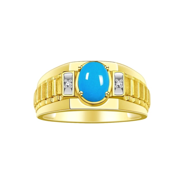 RYLOS Men's Rings Yellow Gold Plated Silver Rings Classic Designer Style 8X6MM Oval Gemstone & Diamond Ring Turquoise Birthstone Rings For Men Size 11