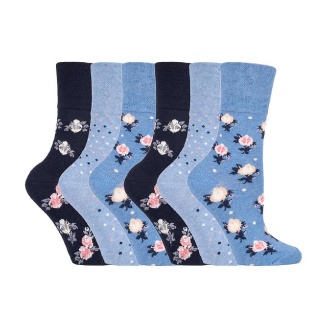Gentle Grip - 6 Pairs Ladies Gentle Grip Non Elastic Socks with floral and dotted designs in navy and light blue tones. These women's dress socks feature a HoneyComb Top for comfort, cotton-rich material for breathability, and flat seamed toes for wearability. Suitable for individuals with circulatory issues or swollen legs, ankles, and feet.