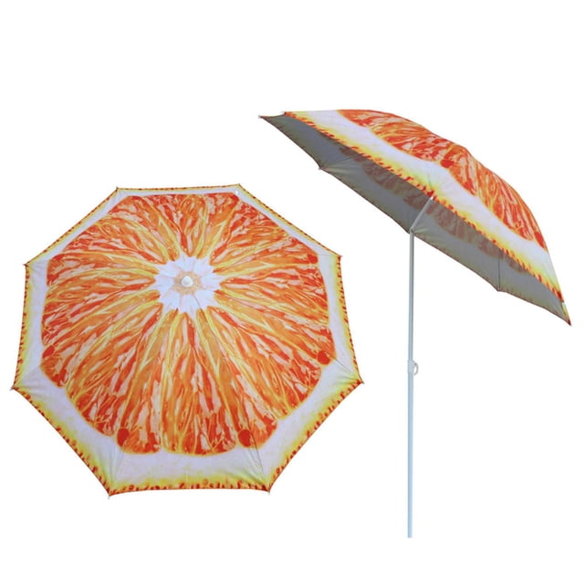 Truu Design Fruit Beach/Patio Umbrella with a large orange slice pattern on a lightweight polyester canopy, supported by fibreglass ribs and an aluminum pole, shown from top and side angles, suitable for outdoor shade and UV protection at beaches and patios.