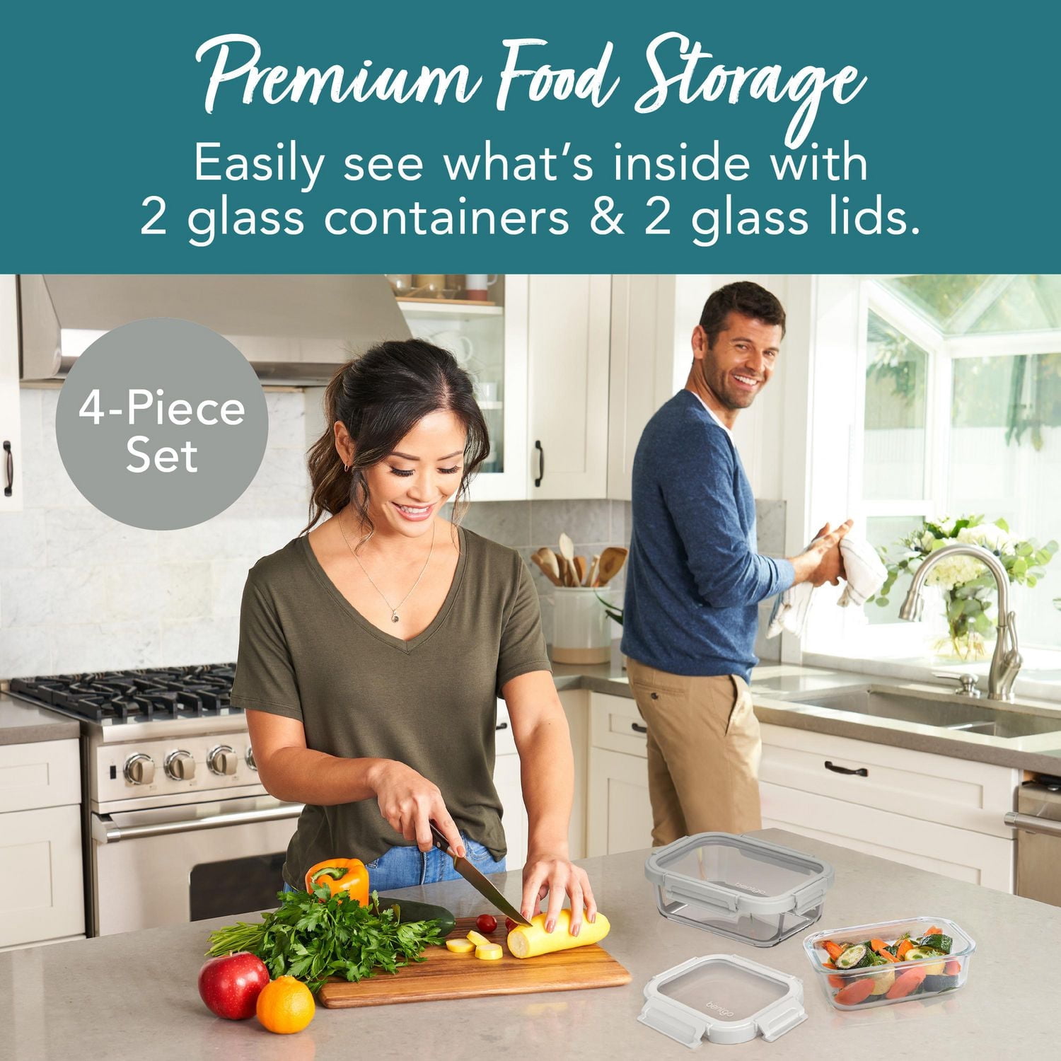 Ensemble de conservation des aliments en verre anti-fuite Bentgo Glass - Paquet de 2 (récipients de 2,7 tasses et 4,4 tasses) - Pebble Beach