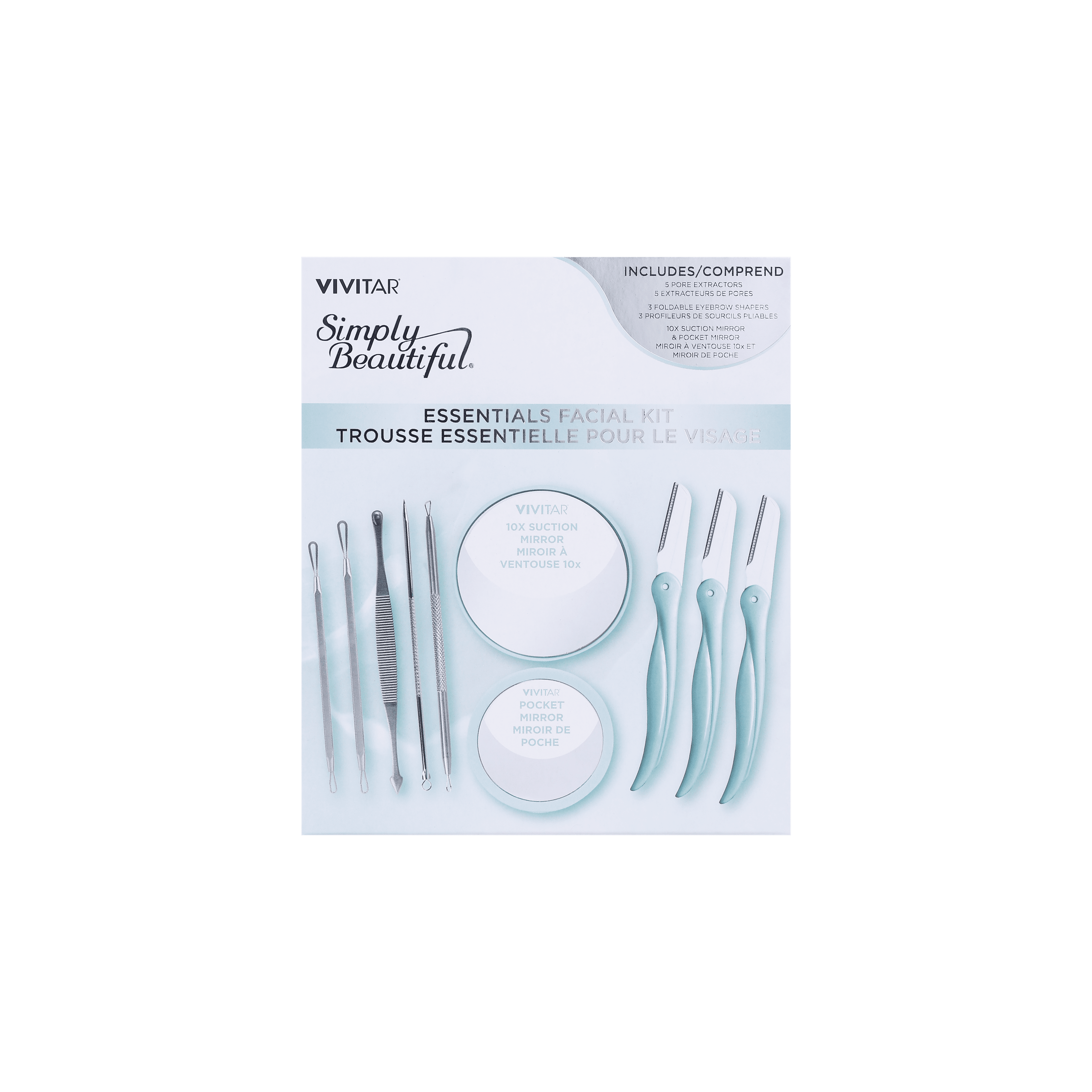 Vivitar Simply Beautiful Essentials Facial Kit with Mirror, Pore Extractors and Eyebrow Shapers