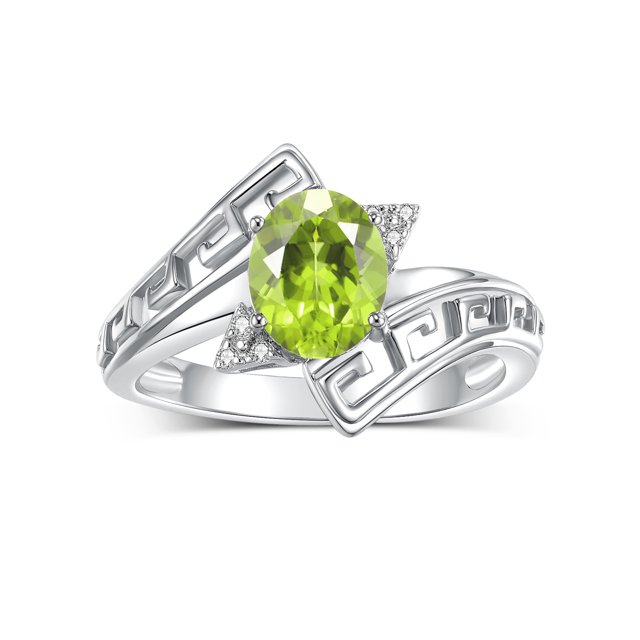 RYLOS Rings for Women Sterling Silver Greek Key Designer Ring 9X7MM Gemstone & Diamond Ring August Peridot Jewelry Size 9