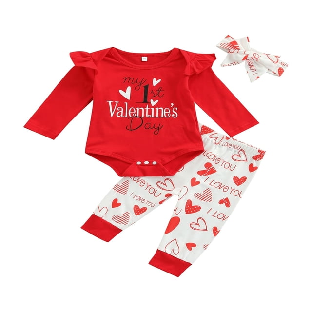 Infant Baby Girl Outfit Ruffle Long Sleeve Romper Jumpsuit Heart Pants Headband Set