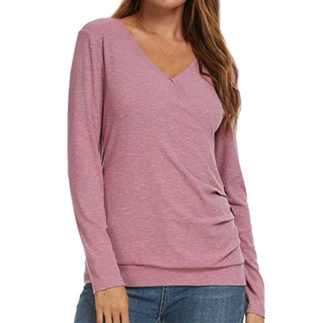 Women Wrap Front Side Buttons Long Sleeve V Neck Plain Shirt