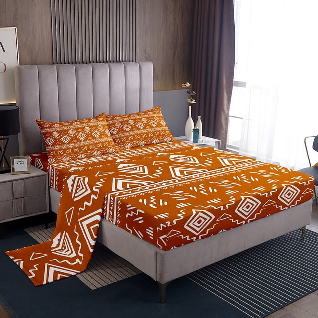 Erosebridal Orange Aztec Bed Sheets King, Farmhouse Abstract Art Bedding King Size 4pcs