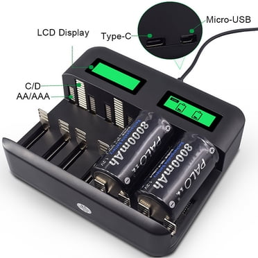 Chargeur de Pile à 8 Fentes Alimenté par USB, Chargeur de Pile Rechargeable AA/AAA/C/D avec Écran LCD