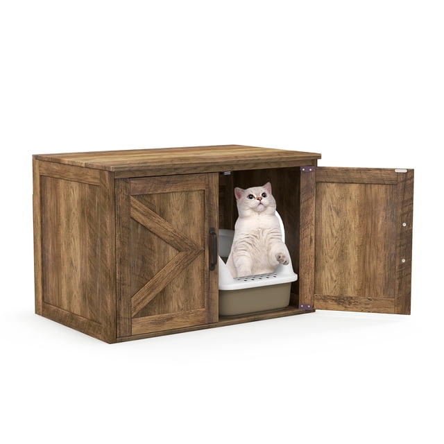 Gymax Cat Litter Box Enclosure with double barn doors and a removable divider, shown in a rustic oak finish. The enclosure features a spacious interior with a white cat sitting inside a litter box. The left barn door is open, revealing the interior space. Designed with a middle entry and customizable double rooms, this pet furniture serves as a hidden litter box, cat condo, or storage cabinet. The wood-like surface adds a farmhouse charm, while the arched side and inner entrances ensure ventilation and easy access.