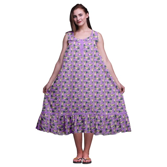 Bimba Améthyste3 Feuilles Florales et Pivoine Mi-Mollet Vêtement de Nuit Femme Coton Imprimé Sans Manches Robe de Nuit Maxi X-Small