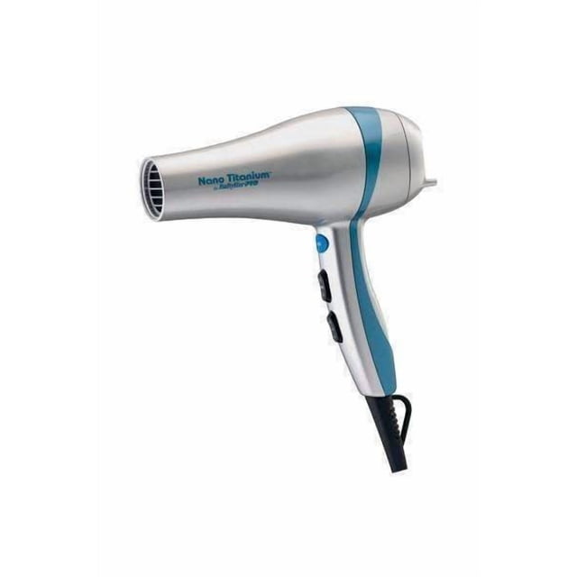 BaBylissPRO® Nano Titanium™ Ionic Professional Hair Dryer in side profile with silver and blue finish, ergonomic handle with control buttons, tapered nozzle, and black power cord with hanging loop, featuring nano titanium and ionic technology for fast, frizz-free drying ideal for professional hair styling.