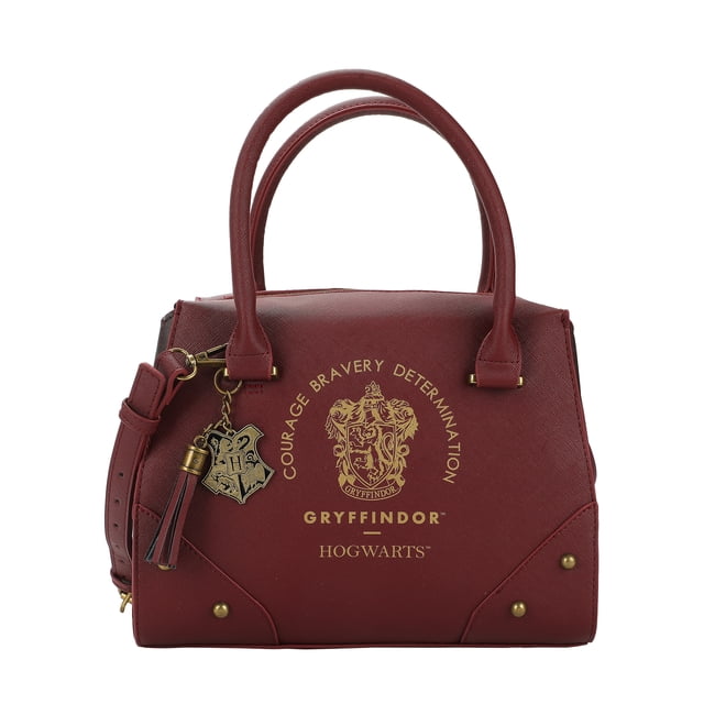 Harry Potter Maisons de Poudlard Sac à main pour Femme (Gryffondor) Conçu en Similicuir PU Rouge Foncé avec l'Emblème de Gryffondor, Breloque de Gland de crest et Quincaillerie Ton Or. Ce Sac à Bandoulière Présente une silhouette Structurée avec Deux Poignées, une Sangle Ajustable pour une Utilisation cross-body, et un Compartiment Principal à Fermeture à Glissière avec Poches Intérieures pour le Rangement. Accessoire sous Licence Officielle, Parfait pour les fans du Monde des Sorciers.