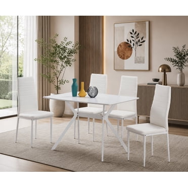 K-Living 5PCS White Dining Set with PU Chairs (Table with 4 Chairs)