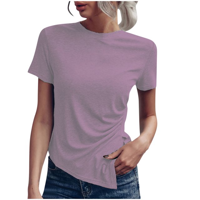 T-shirt Décontracté pour Femmes à Manches Courtes, Couleur Unie, Col Ras du Cou, Basique, Chandail