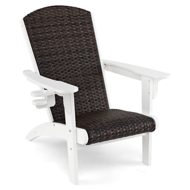 Costway Patio Adirondack Chair with Rattan Padded Seat Wide Armrests & Hidden Cupholder White