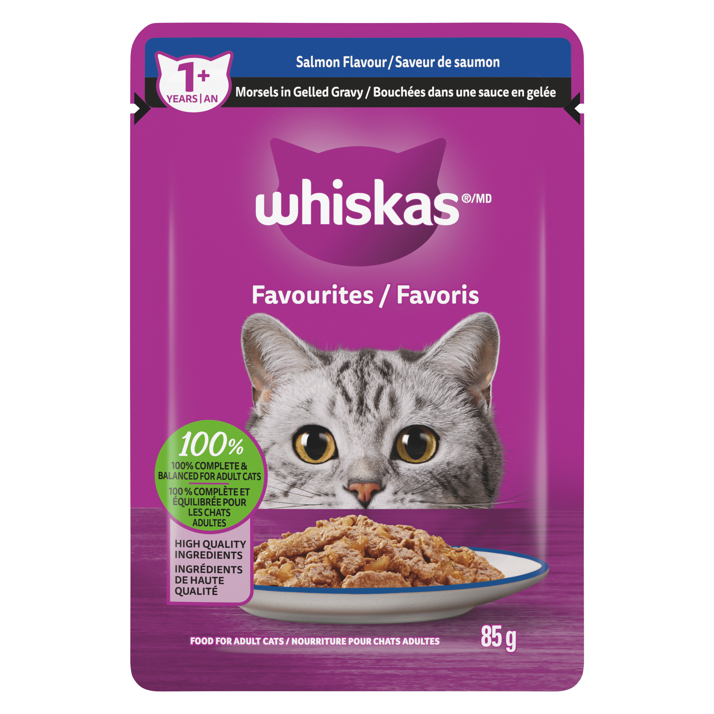 WHISKAS FAVOURITES Adult Wet Cat Food Morsels in Gelled Gravy Salmon Flavour 85g Pouch