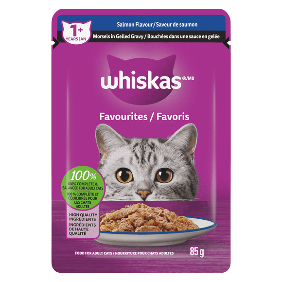 WHISKAS FAVOURITES Adult Wet Cat Food Morsels in Gelled Gravy Salmon Flavour 85g Pouch