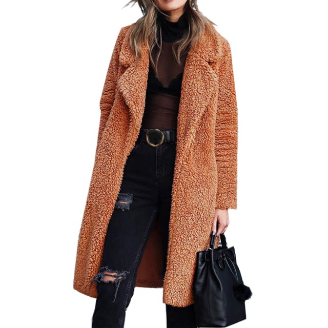 Innerwin Manteau en Polaire Duveteuse pour Femmes, Veste Mi-Longue à Col Rabattu, Caramel m