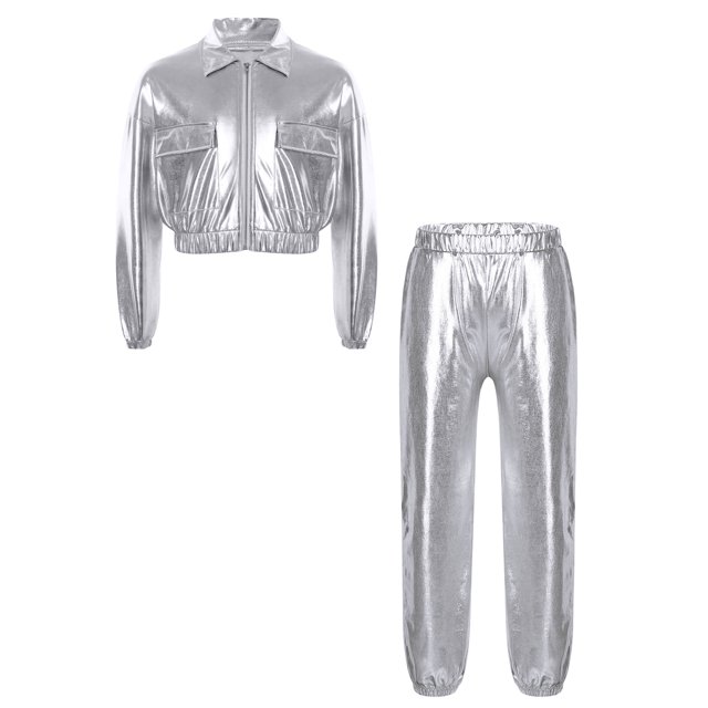 Doomiva Ensemble de Performance Jazz Moderne pour Garçons et Filles Vêtements de Danse de Rue Hip Hop 2 Pcs Argent 14
