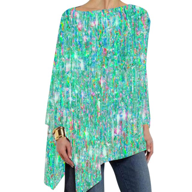 Pxiakgy T-Shirts à Manches Longues pour Femmes T-Shirts à Rayures Pailletées Décontractés Col Rond Manches Longues Vert Menthe S