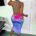 thumbnail image 1 of CEHVOM Women Fashion Print Color Halter Fishnet Round Neck Dress Long Dress, 1 of 6