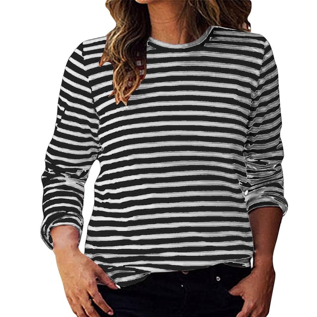 Aocisk T-Shirts à Blocs de Couleur Rayés pour Femmes, Manches Longues, Col Rond, Coupe Régulière, T-Shirts Décontractés, Confortables pour l'Automne, Hauts Gris G