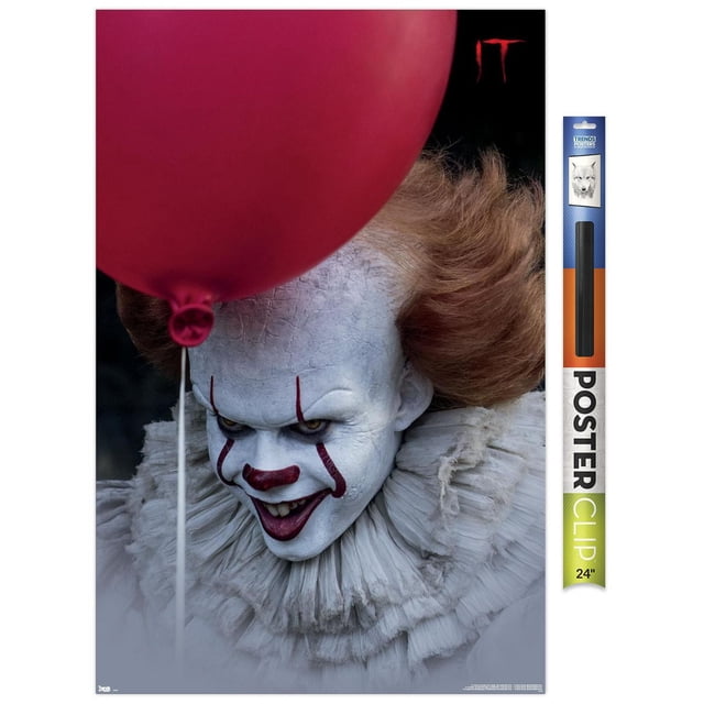 IT - Balloon Wall Poster, 14.725" x 22.375", depicting a close-up of a character with bright orange hair and a layered white ruffled collar holding a large red balloon against a dark background with the red 'IT' logo, ideal for home or office wall decoration.