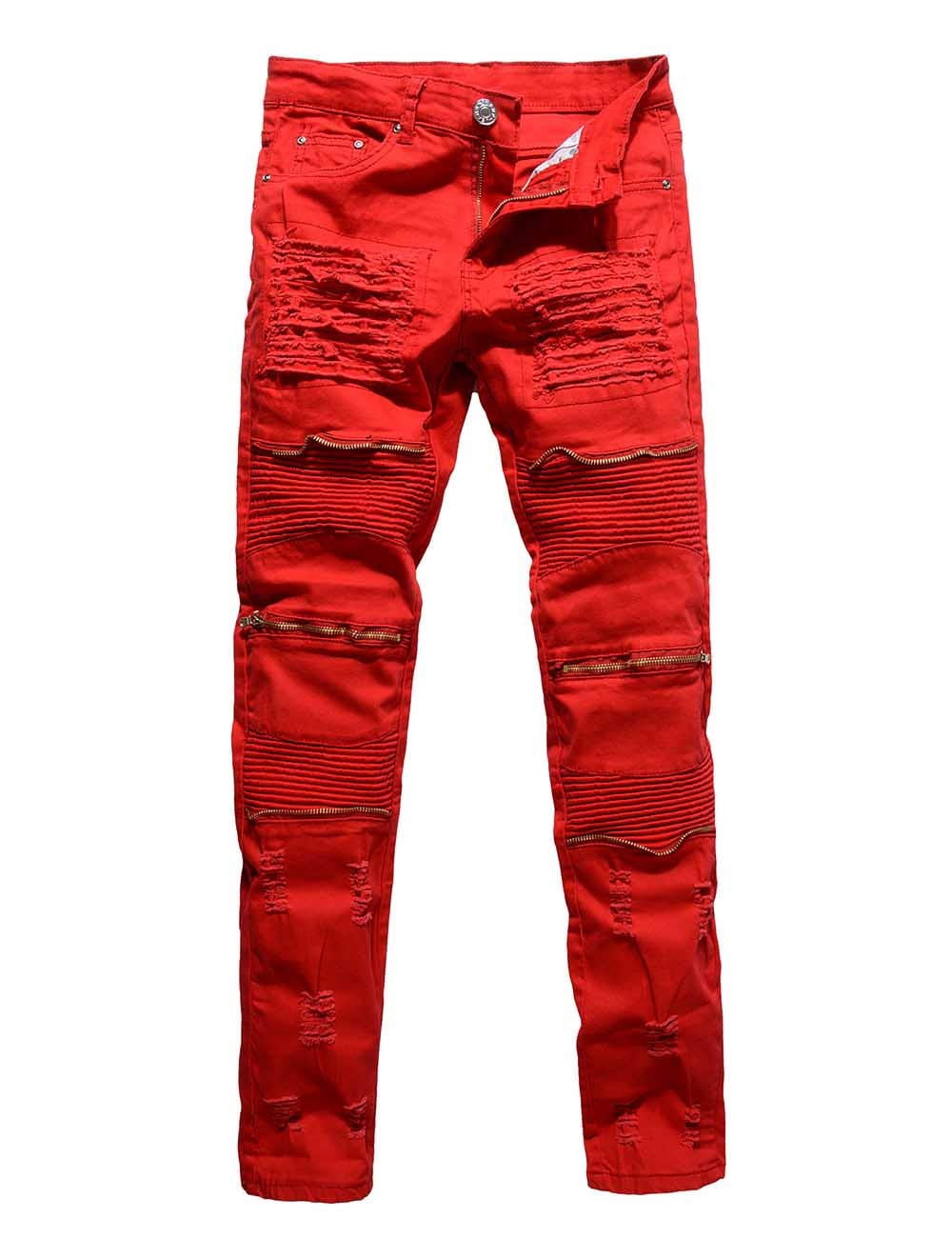 Rexcyril Men's Moto Biker Jeans Distressed Ripped Skinny Slim Fit Denim Pants with Zippers Red W30