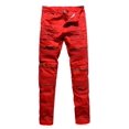 thumbnail image 1 of Rexcyril Men's Moto Biker Jeans Distressed Ripped Skinny Slim Fit Denim Pants with Zippers Red W30, 1 of 4