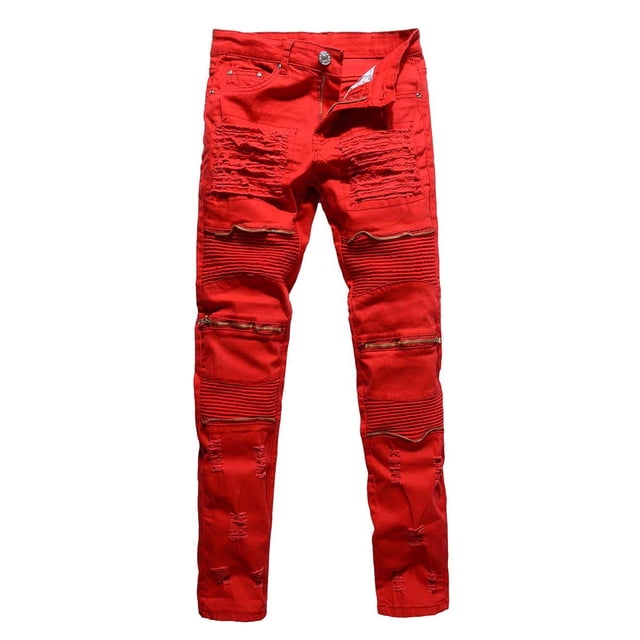 Rexcyril Men's Moto Biker Jeans Distressed Ripped Skinny Slim Fit Denim Pants with Zippers Red W30