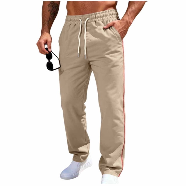Lovzfmll Men's Solid Color Relaxed Fit Sweatpants, Elastic Drawstring Waist, Pockets, Straight-Leg for Comfort Khaki, 3XL
