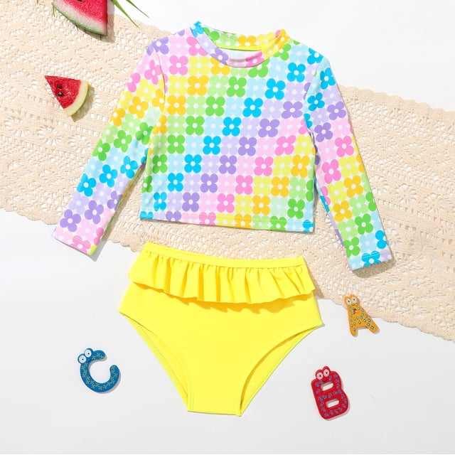Toddler Girls Swimming Bathing Suit Rash Guard Set Striped Ruffle Long Sleeve Sun Protection Bathing Suits for Girls 2-3 Years