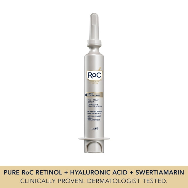 RoC Skincare Derm Correxion Fill + Treat Serum en Bouteille Style Seringue Argentée de 15 ml, Formulé avec du Rétinol Avancé, de l'Acide Hyaluronique triple et de la Swertiamarine pour Combler Visiblement les Rides et Repulper la Peau, Cliniquement Éprouvé et Testé par des Dermatologues.