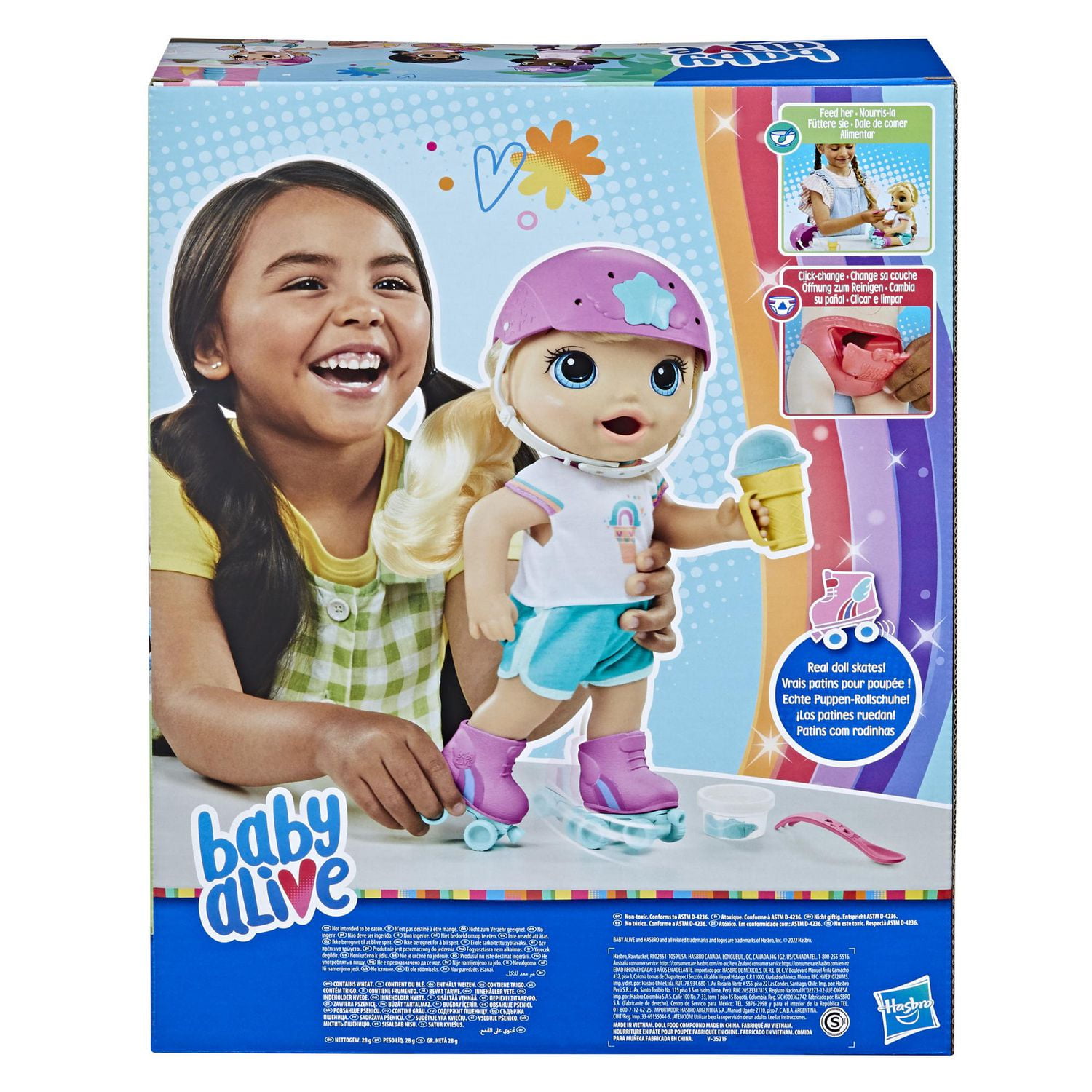 Baby Alive Poupée en patins à roulettes, 30 cm, pour enfants, dès 3 ans, mange et fait « caca », poupée avec patins à roulettes, cheveux blonds