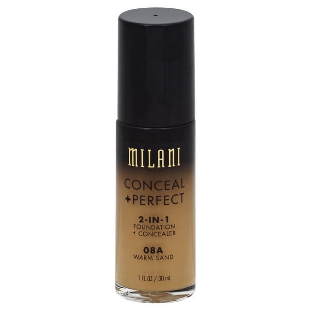 Milani Conceal + Perfect Fond de Teint 2-en-1 + Cache-Cernes en 08A Warm Sand, Bouteille en Verre de 30 ml avec Bouchon Noir Mat et Étiquette Dégradé beige à Noir, Offrant une Couvrance Moyenne à Complète avec une Finition Mate Naturelle et Imperméable, Formule Résistante à la Sueur pour un Teint Uniforme et une Réduction des Rougeurs.