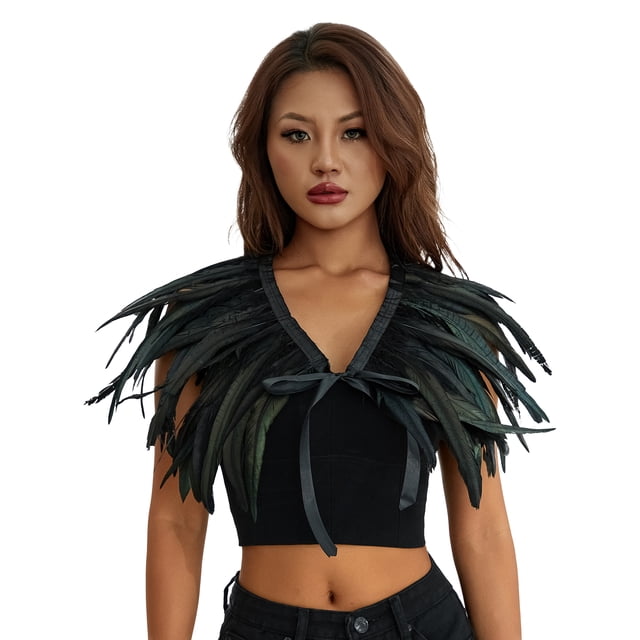 Fortune Cape Gothique à Plumes pour Femmes Halloween Cosplay Fête Châle à Lacets Boléro