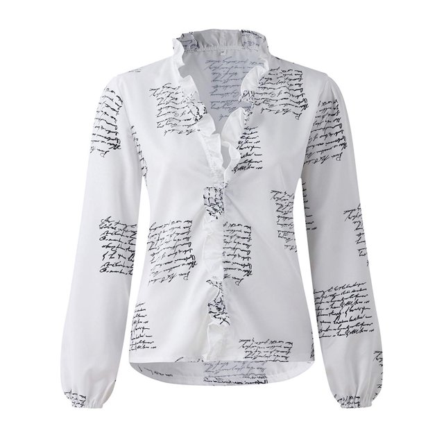Innerwin Shirts Long Sleeve Women Blouse Office Ruffled Loose Tops Letters S