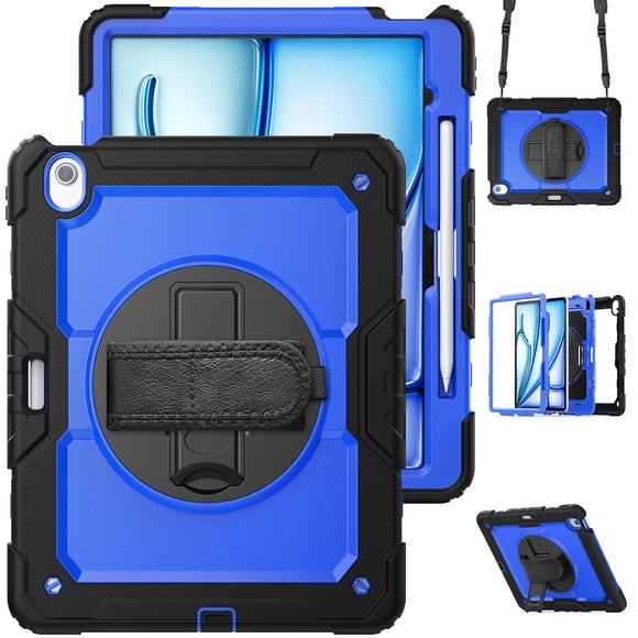 XYX For iPad Air 13 inch Case (2025 M3/2024 M2), 360 Rotating Shockproof Cover with Stand, Screen Protector, Shoulder Strap, Dark Blue PC