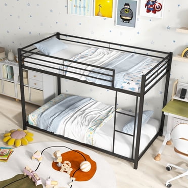 Gymax Lit Superposé Bas en Métal Simple sur Simple avec Échelle et Garde-Corps pour Ados et Adultes Noir