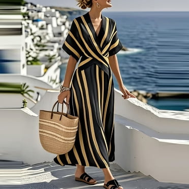 TaTaai Ladies Summer Striped Maxi Dress Wrap V-Neck Short Sleeve Flowy Silhouette Adjustable Waist Ankle Length Casual Outing Breathable Dress Gift