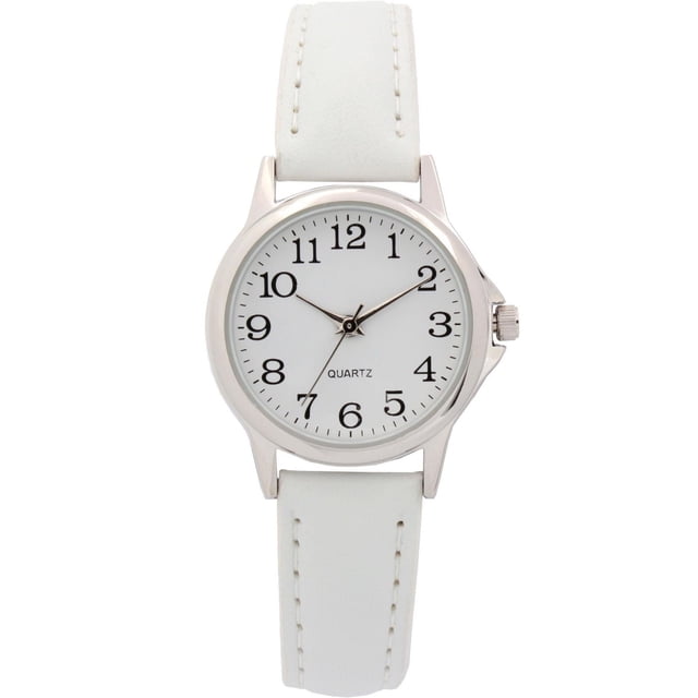 Ladies White Strap Watch with a 25mm silver case, white dial with full black printed numbers, silver hands, and a white PU strap with stitched detailing, battery-operated quartz movement, ideal for comfortable everyday wear and accessorizing.