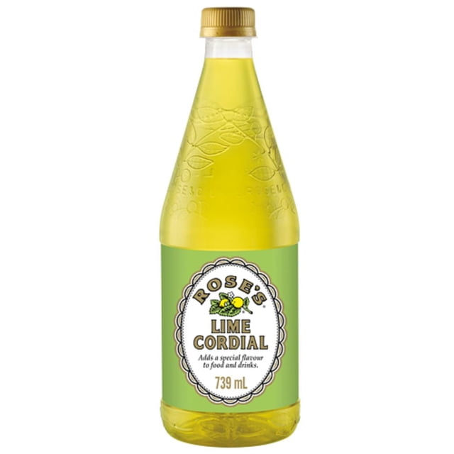 Mott’s Rose's Lime Cordial 739 mL bottle with green label and lime illustration, containing yellow lime cordial used in cocktail mixes like mojitos and gimlets, ideal for adding flavor to drinks and food.