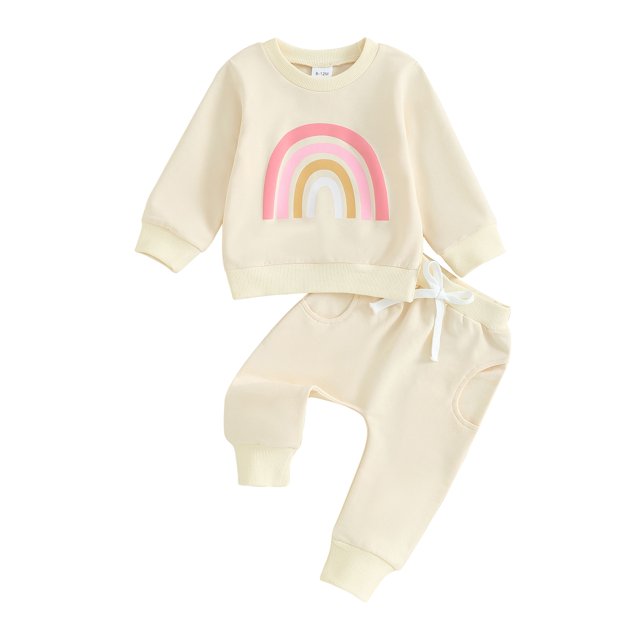 Faithtur 2PCS Baby Girls Fall Outfits Long Sleeve Rainbow Print Sweatshirt + Pants Set Toddler Clothes