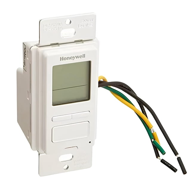 Honeywell PLS750C1000 Timer Switch with Sunrise Sunset Single or 3 Way, featuring a large white backlit display and programmable on/off times for home lighting. Designed for single pole or 3-way installations, compatible with incandescent, halogen, fluorescent lights, and motors. Includes manual, automatic, and random modes, with solar timetable functionality. Visible wiring includes black, green, and yellow wires for installation.
