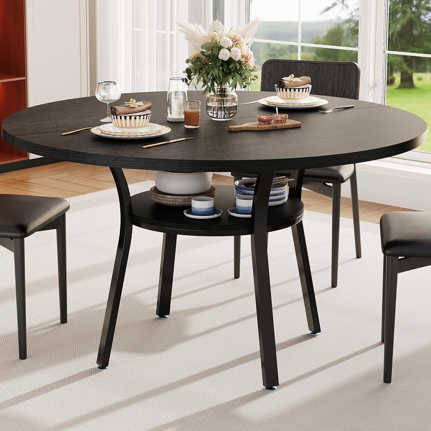 IdealHouse Dining Table for 4, 47 Inch Kitchen Table, Round Dining Room Table with Storage Shelf for Dining Room, Kitchen, Black(Table Only)