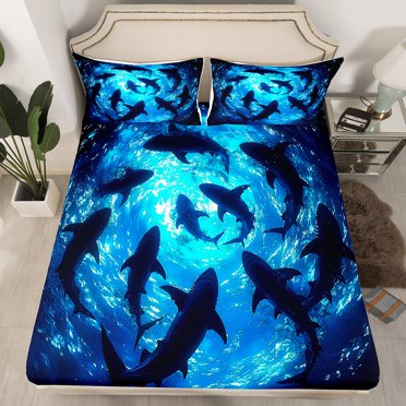 Erosebridal Kids Shark Fitted Sheet Set Twin, Mystic Ocean Fitted Sheet Twin, Underwater World Decor 2pcs(No Top Sheet)