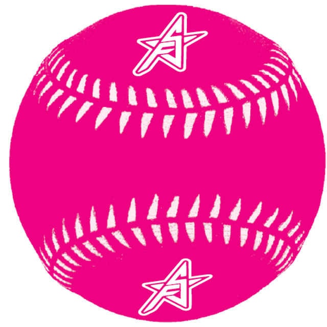Future Stars Rubber Baseballs - Pink with White Printed Stitching, a centered front view of a pink rubber baseball with white printed stitching and two white star 'A' logos, designed for safe indoor and outdoor play, ideal for beginner baseball and tee-ball practice.
