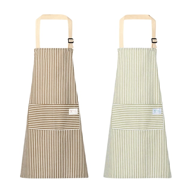Household Kitchen Cotton Linen Fouling Apron, a sleeveless smock with vertical stripes in brown and green tones. Designed with a neck-hanging strap, lace-up back, and a large front pocket for holding small items like pens or keys. Ideal for kitchen linens, stain-resistant work, and use in home, restaurant, or business settings.