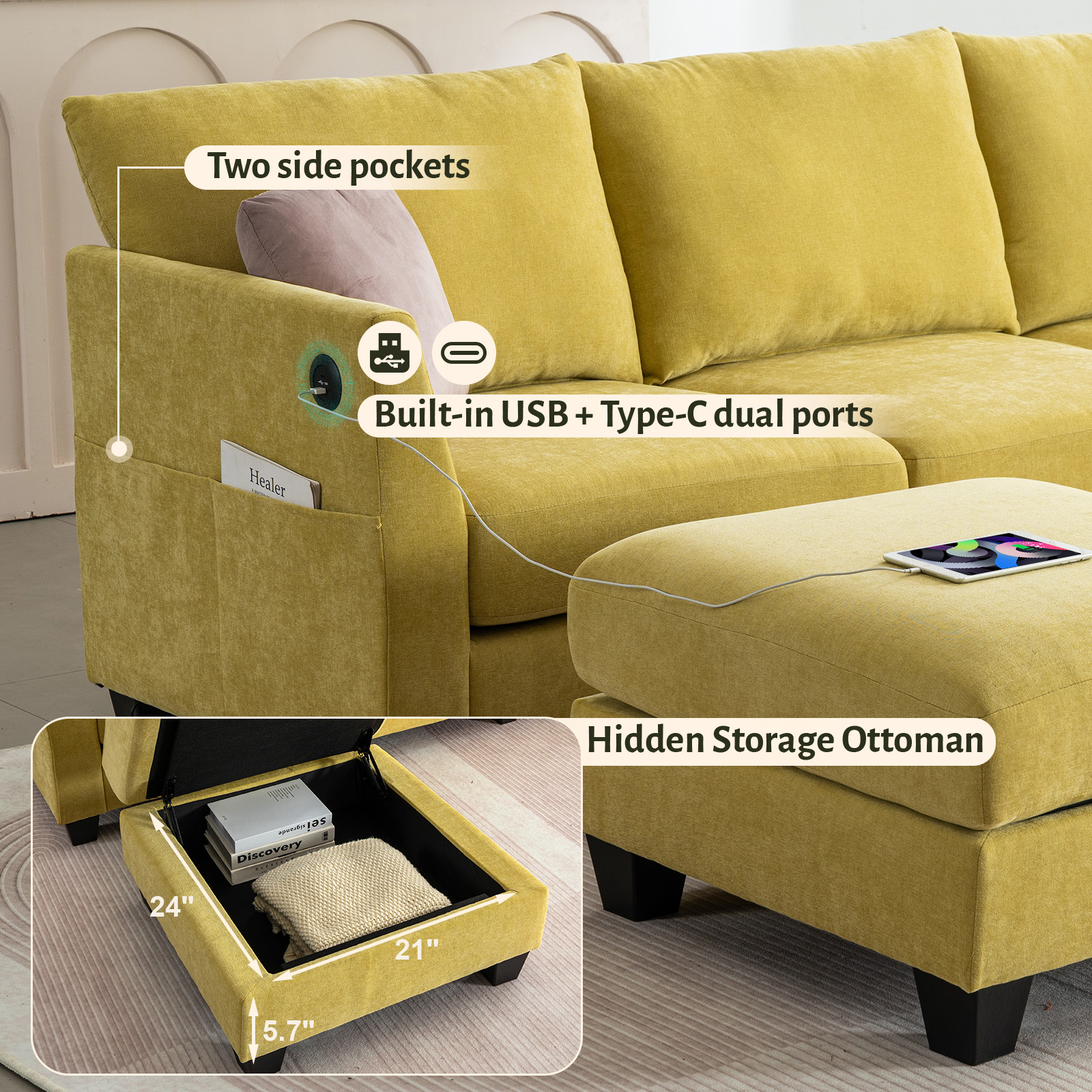 Canapé d'angle modulaire en forme de U 315 cm, 6 places, avec pouf de rangement et ports USB, jaune